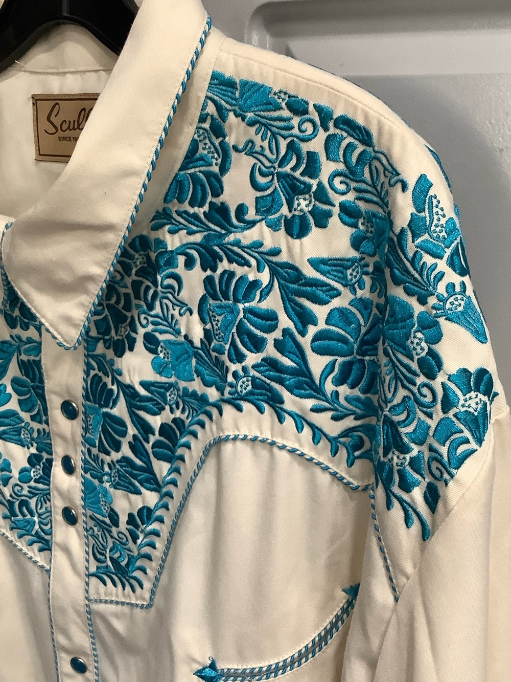 Scully Men’s Southwestern Teal Floral Embroidery Pearl Snap Shirt 4X - Picture 2 of 13